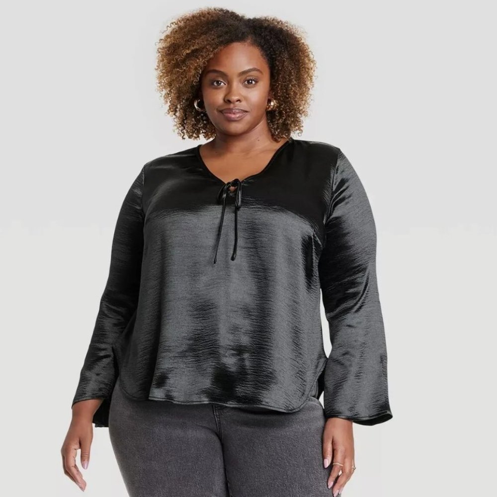 Women's Black Flared Long Sleeve Satin Blouse - Ava & Viv